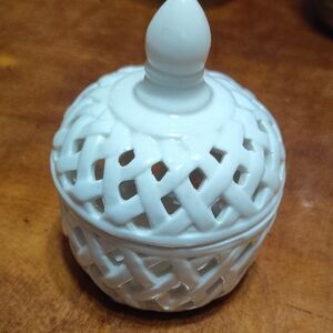 White Lidded Ceramic Trinket Jar with Lattice Cutouts